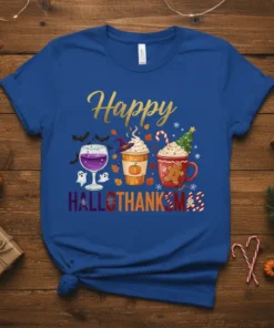 Happy Hallowthanksmas text with Halloween wine, pumpkin coffee, and gingerbread Christmas mug graphics on a blue t-shirt