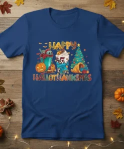 Happy Hallowthanksmas text with Halloween pumpkins, spooky drinks, and Christmas tree graphic on a blue t-shirt