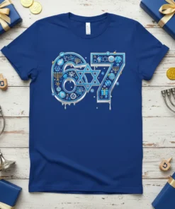 Blue t-shirt with a large '67' design incorporating Star of David, menorahs, dreidels, and gift boxes in blue and silver
