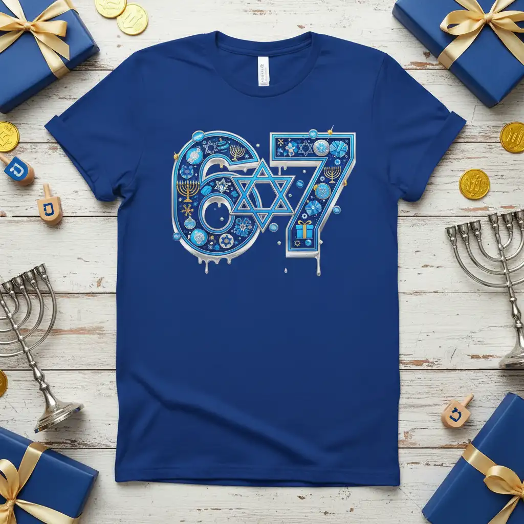 Blue Hanukkah t-shirt featuring a '67' design with Star of David, menorahs, and dreidels