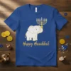 Happy Hanukkah Elephant T-Shirt design with a white elephant holding a golden menorah and gold text