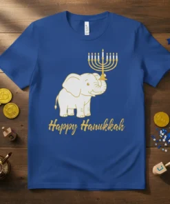 Happy Hanukkah Elephant T-Shirt design with a white elephant holding a golden menorah and gold text