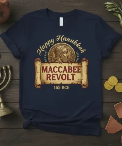 Navy blue t-shirt featuring "Happy Hanukkah Maccabee Revolt 165 BCE" text with a Roman-style coin graphic and scroll design