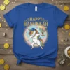 Happy Hanukkah text with a dabbing unicorn holding a menorah, blue t-shirt design