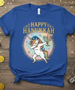 Happy Hanukkah text with a dabbing unicorn holding a menorah, blue t-shirt design