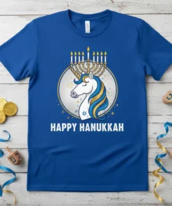Happy Hanukkah Unicorn T-Shirt with a white unicorn wearing a menorah crown and the text "Happy Hanukkah"