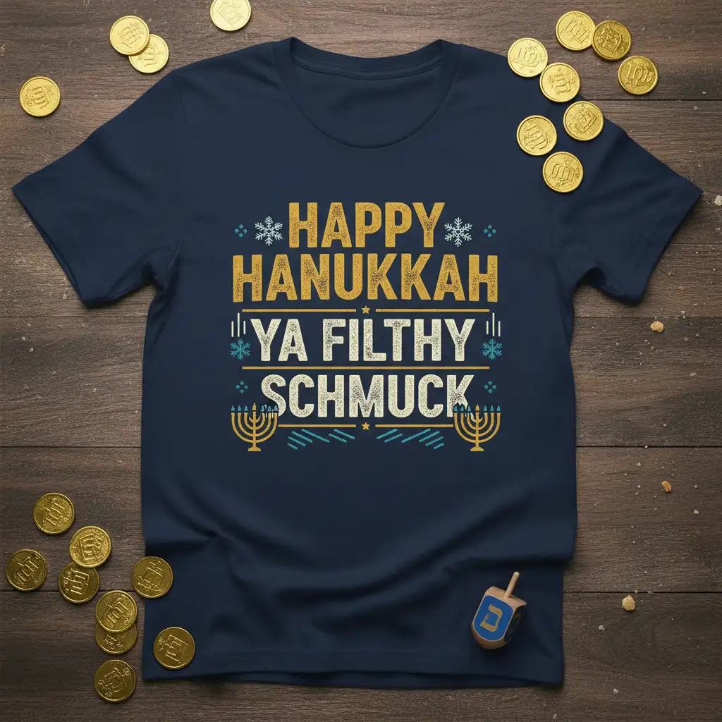 Happy Hanukkah Ya Filthy Schmuck text design with festive Hanukkah graphics and snowflakes