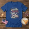 Happy Happy 4th of July text design with fireworks and stars on a blue t-shirt