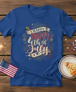Happy Happy 4th of July text design with fireworks and stars on a blue t-shirt