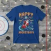 Happy Hockeydays Christmas t-shirt design with Santa Claus playing hockey, candy canes, and festive lights
