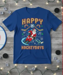 Happy Hockeydays Christmas t-shirt design with Santa Claus playing hockey, candy canes, and festive lights