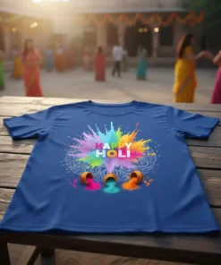 Happy Holi text with a colorful powder splash and small pots of pigment on a blue t-shirt