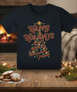 Happy Holidays text with a Christmas tree design featuring lights and ribbon on a dark t-shirt