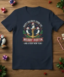 Happy Holidays From The Merry Puffin And A Fishy New Year text on a navy t-shirt with three puffins wearing