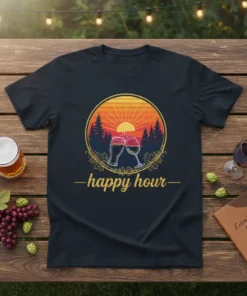 Happy Hour t-shirt design with sunset, pine trees, and two clinking glasses