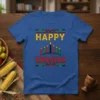 Happy Kwanzaa t-shirt with colorful candles and geometric patterns, celebrating the holiday