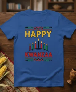 Happy Kwanzaa t-shirt with colorful candles and geometric patterns, celebrating the holiday