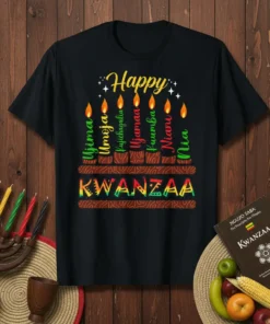 Happy Kwanzaa Ujima Umoja text design featuring detailed typography on quality t-shirt
