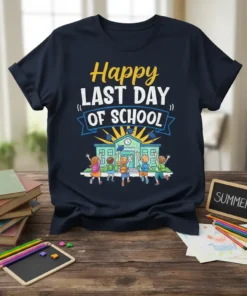 Happy Last Day of School text with cartoon students celebrating in front of a school building, perfect for end of