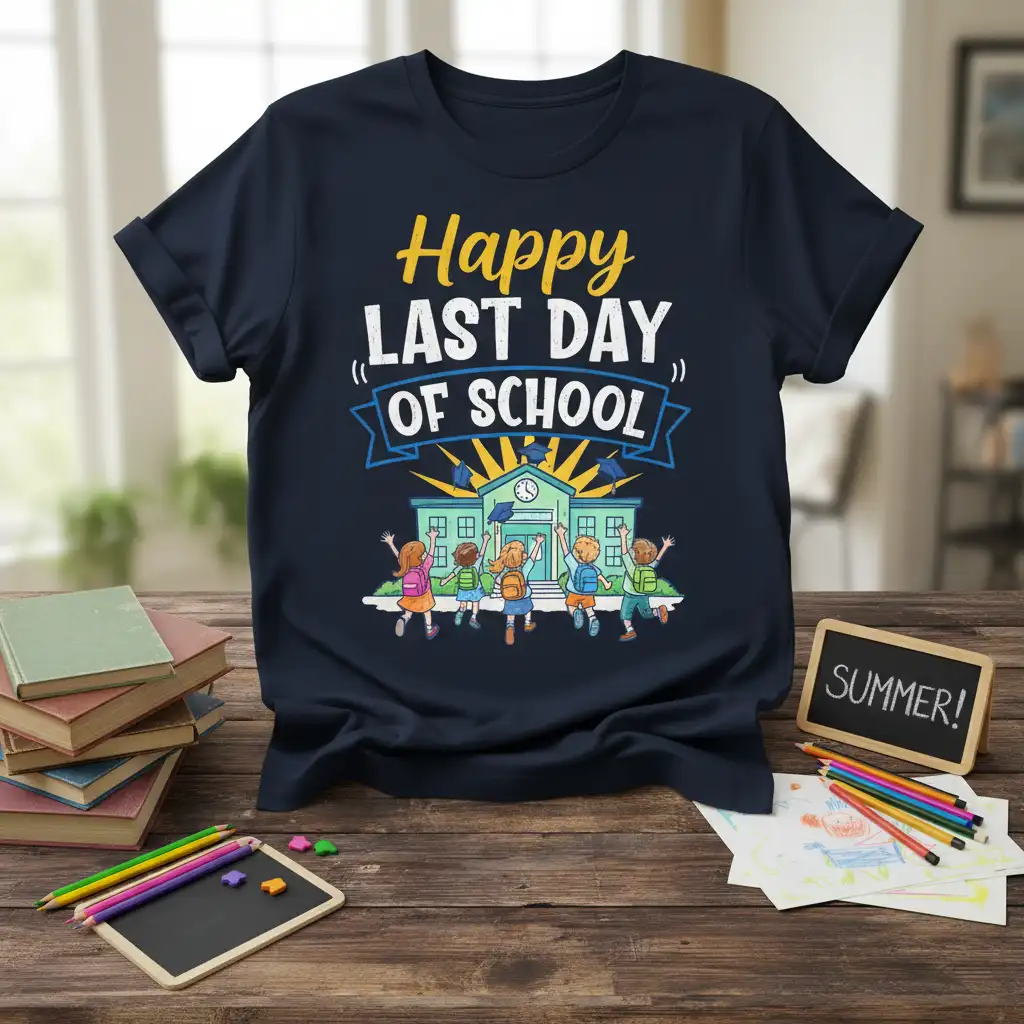 Happy LAST DAY OF SCHOOL text with joyful students celebrating graduation in front of school building