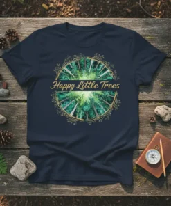 Happy Little Trees t-shirt design featuring a watercolor forest canopy viewed from below, surrounded by a circular frame of branches
