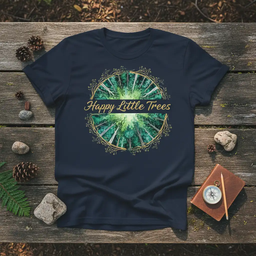 Happy Little Trees quote on a t-shirt with a watercolor forest canopy viewed from directly below, framed by branches