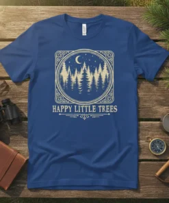 Happy Little Trees text with vintage forest and moon graphic on a blue t-shirt