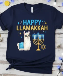 Happy Llamakkah text with a llama wearing sunglasses next to a menorah and Star of David on a navy t-shirt