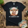 Happy M-udders Day t-shirt design featuring a cute cow with flowers and a playful lick, perfect for Mother's Day
