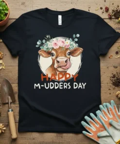 Happy M-udders Day t-shirt design featuring a cute cow with flowers and a playful lick, perfect for Mother's Day