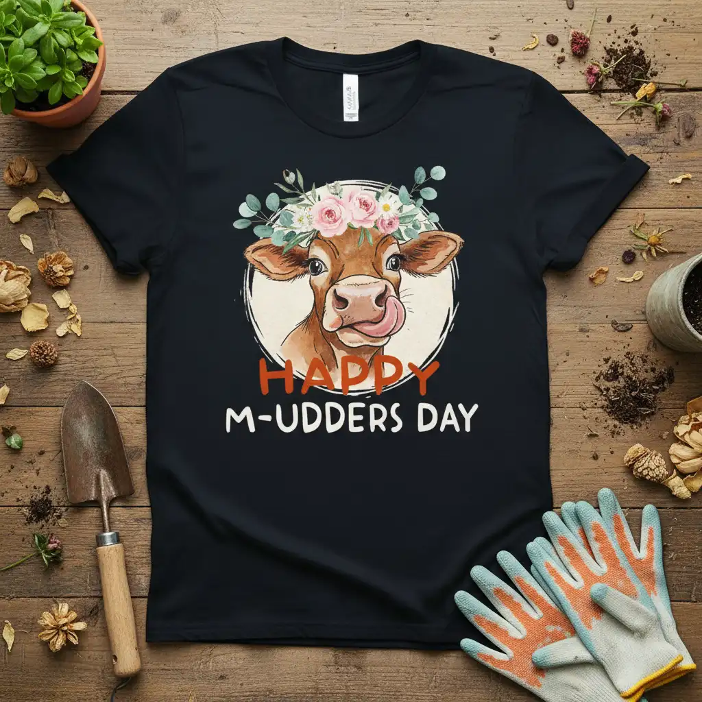 Happy M-udders Day cute cow with floral wreath t-shirt design