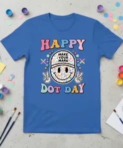 Happy Make Your Mark Dot Day t-shirt with a retro smiley face wearing a dotted hat and peace signs
