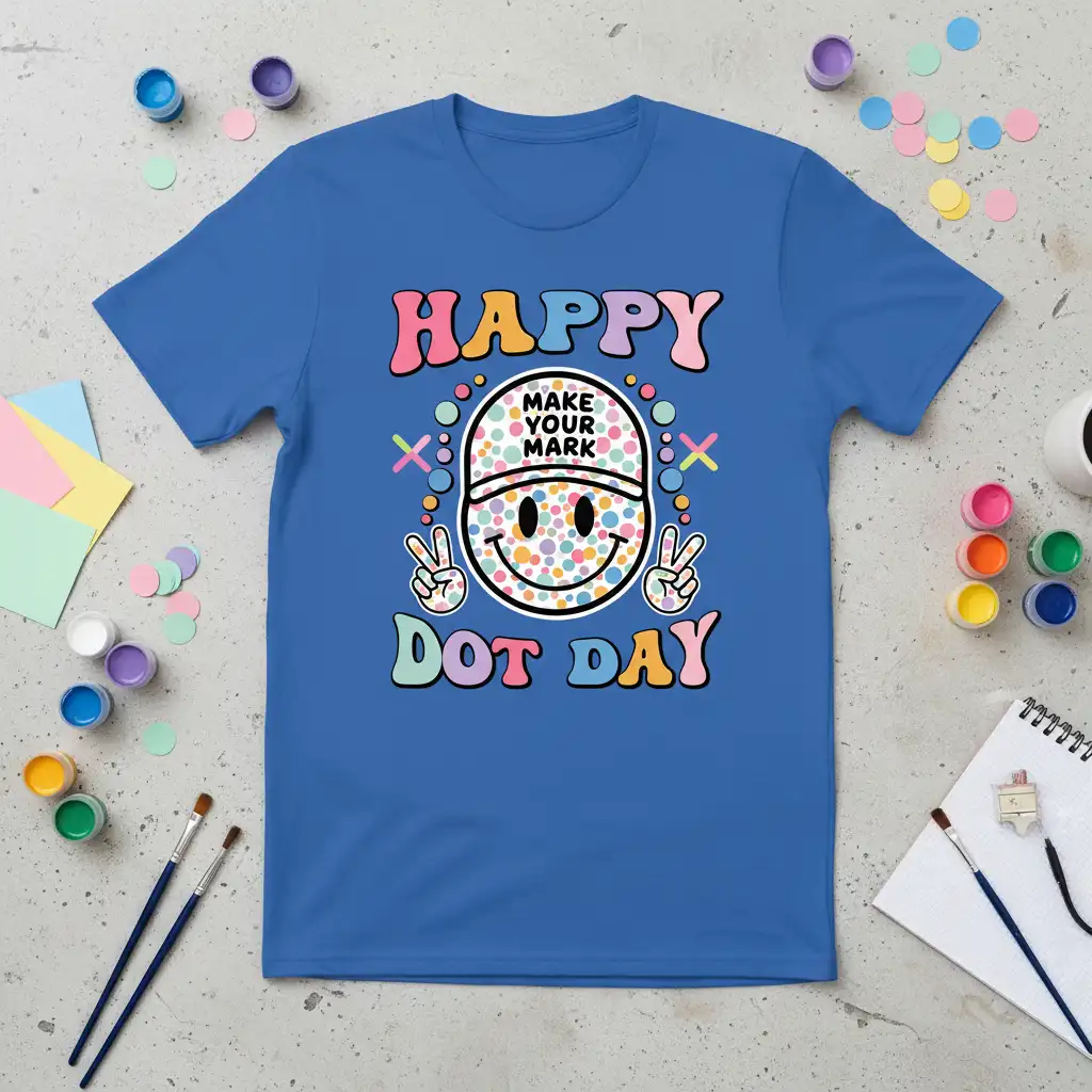 Happy Make Your Mark Dot Day text with a colorful polka dot smiley face wearing a cap and peace signs