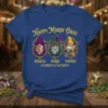 Happy Mardi Gras Medical Mardi Gnomes Celebrate & Vaccinate text with three gnome graphics, one with medical symbol, one with