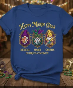 Happy Mardi Gras Medical Mardi Gnomes Celebrate & Vaccinate text with three gnome graphics, one with medical symbol, one with
