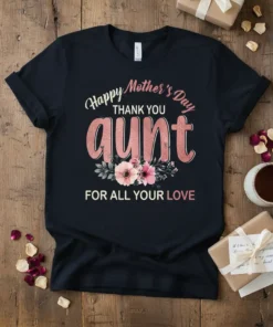 Happy Mother's Day THANK YOU aunt FOR ALL YOUR LOVE text with floral graphics on a black t-shirt