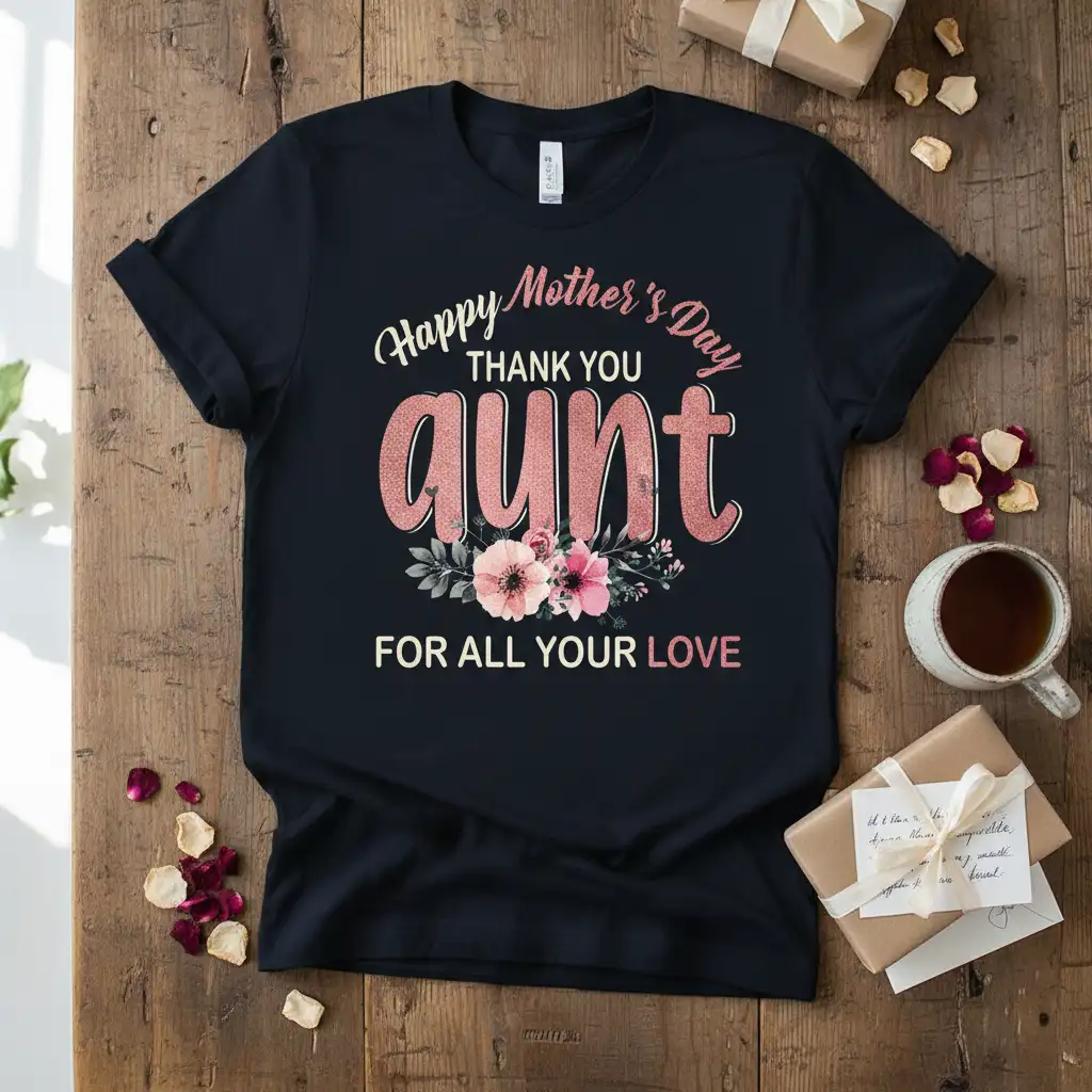 Happy Mother's Day THANK YOU aunt FOR ALL YOUR LOVE quote with floral design on a black tee