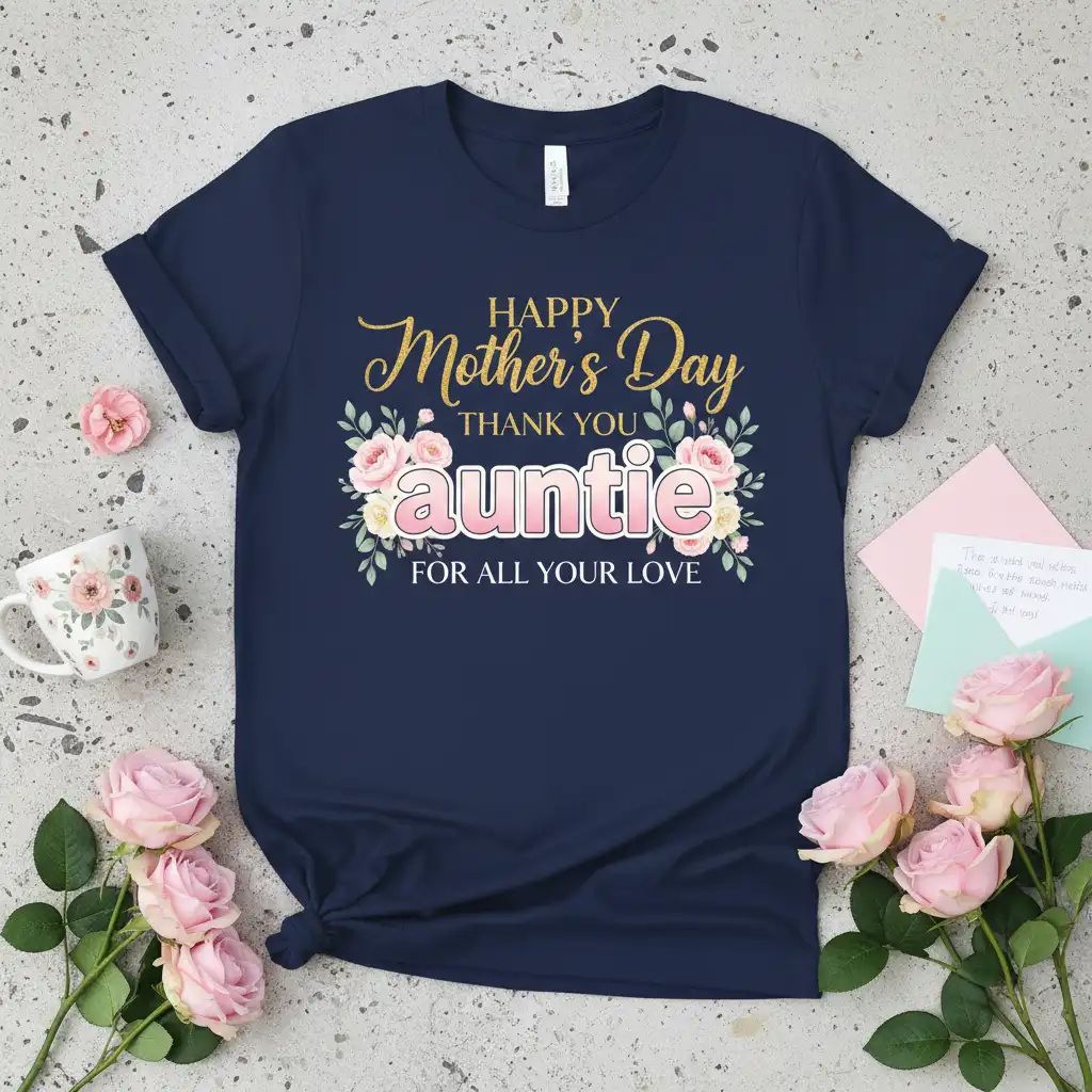 Happy Mother's Day Thank You Auntie For All Your Love quote on a t-shirt with floral graphics