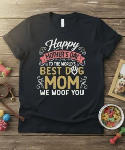 Happy Mother's Day To The World's Best Dog Mom We Woof You text design on a black t-shirt with dog-themed