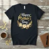 Happy Mother's Day text with golden floral wreath on a black t-shirt