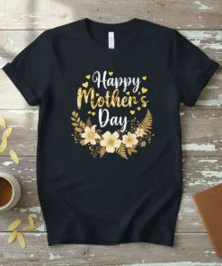 Happy Mother's Day text with golden floral wreath on a black t-shirt