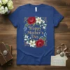 Happy Mother's Day quote surrounded by a vintage floral wreath design on a blue t-shirt