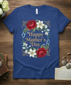 Happy Mother's Day quote surrounded by a vintage floral wreath design on a blue t-shirt