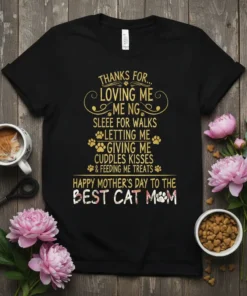 Black t-shirt with gold and floral text reading "Thanks for loving me me ng sleee for walks letting me giving