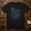 Happy New Yean! text design with a top hat and sparkles on a black t-shirt, perfect for New Year's celebrations