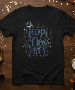 Happy New Yean! text design with a top hat and sparkles on a black t-shirt, perfect for New Year's celebrations