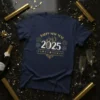 Happy New Year 2025 text design with fireworks and celebratory elements on a navy blue t-shirt