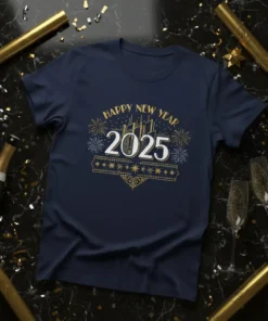 Happy New Year 2025 text design with fireworks and celebratory elements on a navy blue t-shirt