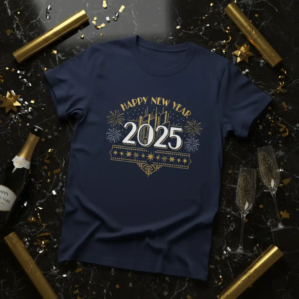 Happy New Year 2025 text and graphic design with fireworks and banner on a navy t-shirt
