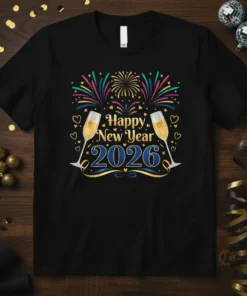 Happy New Year 2026 t-shirt design with champagne glasses, fireworks, and festive accents